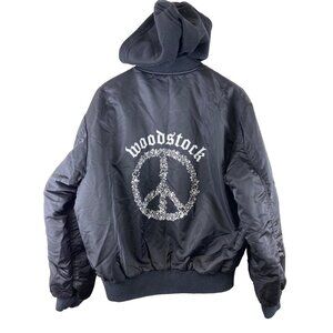 Peanuts X Fun Woodstock Peace Sign Snoopy Black Bomber Jacket Size Large